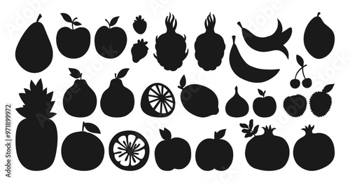 Fruits or berries silhouette set. Sliced lemon orange apple pear, watermelon peach papaya fig, pineapple dragon fruits kiwi mango banana pomegranate shape. Juicy strawberry plum cherry vector figure