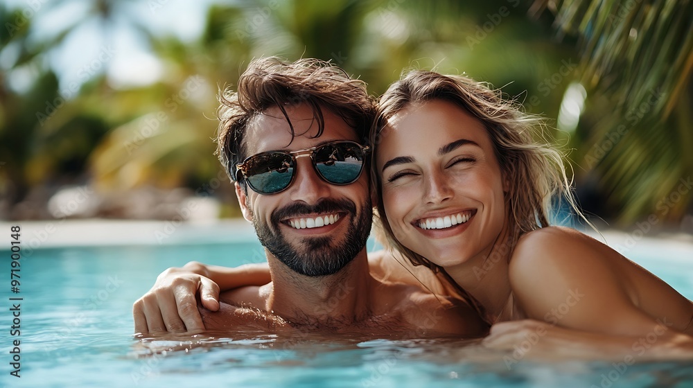 honeymoon couple relaxing near beach swimming pool in luxurious hotel banner background vacation travel : Generative AI honeymoon couple relaxing near beach swimming pool in luxurious hotel banner background vacation travel : Generative AI