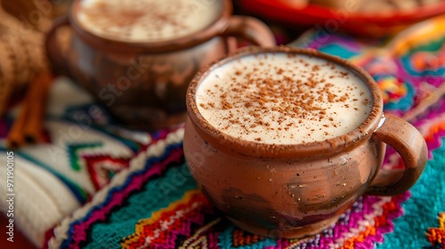 Authentic Mexican horchata served in a traditional clay mug, with a sprinkle of cinnamon on top. The mug is placed on a colorful woven tablecloth with a backdrop of vibrant Mexican décor,  photo