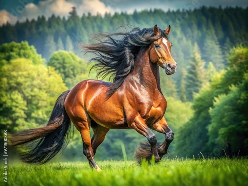 Majestic stallion with muscular physique, flowing mane, and proud expression stands in a lush green meadow, symbolizing freedom, power, and natural elegance.