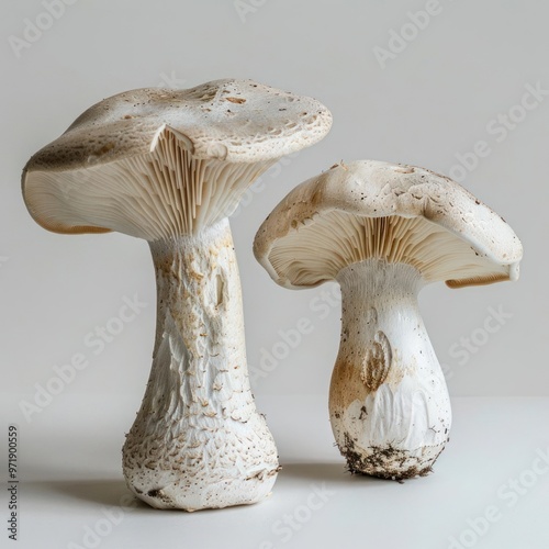 Two mature mushroom caps on display with a white background, one slightly tilted to the left photo