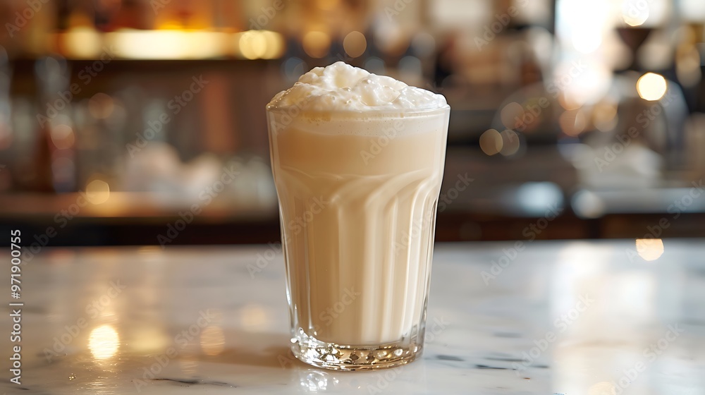 A classic New York egg cream in a soda glass, with a creamy froth on top. The glass is set on a vintage marble countertop, with a view of a bustling New York deli in the background, A classic New York egg cream in a soda glass, with a creamy froth on top. The glass is set on a vintage marble countertop, with a view of a bustling New York deli in the background,