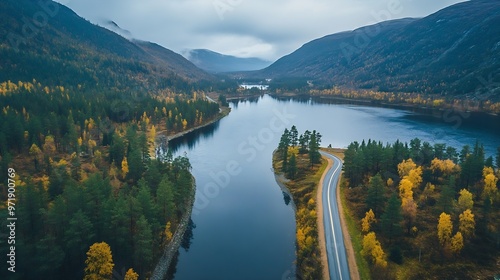 High angle aerial view of river and road running through forest and mountainous landscape : Generative AI