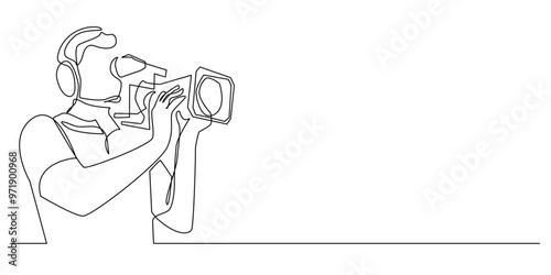 continuous line of cameraman.one line image of person taking video on film production.single line of person with film camera.isolated white background