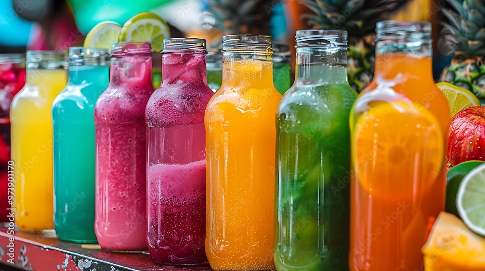 Traditional Mexican agua fresca varieties in large glass jars, with vibrant colors like pink hibiscus, green lime, and yellow pineapple. The jars are set on a colorful market stall, 