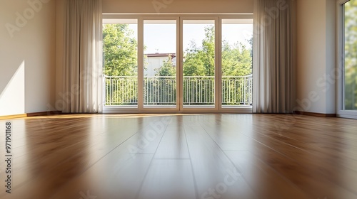 an empty room with wood floor and sliding glass doors looking out onto the balcony area in front of the house : Generative AI