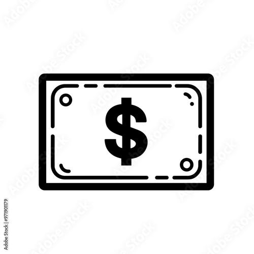 The design showcases a black and white illustration of a dollar bill, prominently displaying the dollar sign, symbolizing money and economic transactions