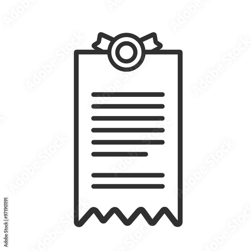 A minimalistic icon showcases a document or receipt adorned with a ribbon, emphasizing organization, clarity, and official documentation in a clean style