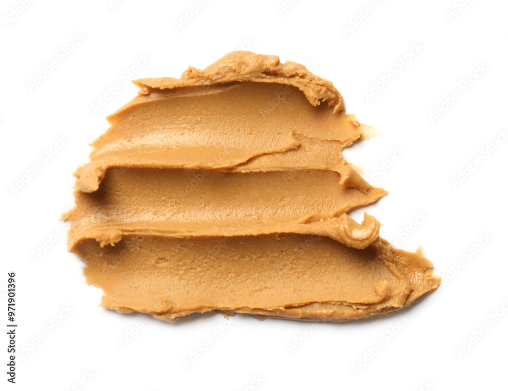 Tasty peanut butter on white background, top view Tasty peanut butter on white background, top view
