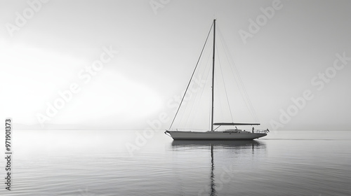 A minimalist yacht with sleek lines sailing in calm waters against a clear sky.