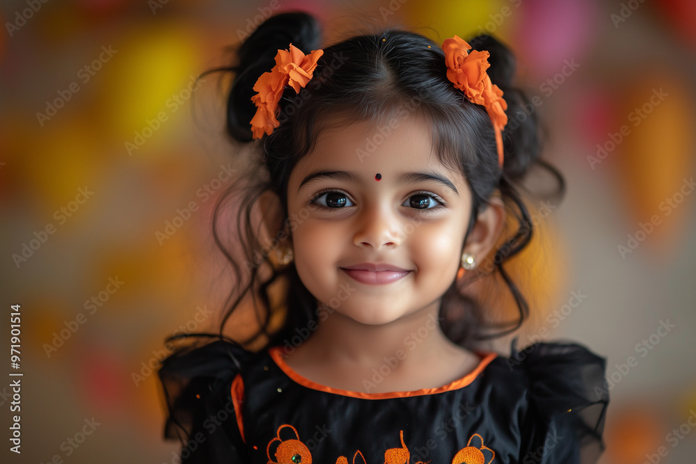 Little Indian Girl Wearing Halloween Costume Ready to Trick-or-Treat