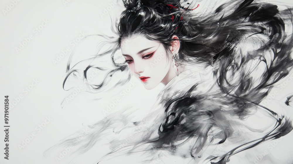 Fototapeta premium A captivating portrait of woman with flowing black hair and striking features, set against pure white background. artwork conveys sense of mystery and elegance, with delicate brush strokes enhancing h