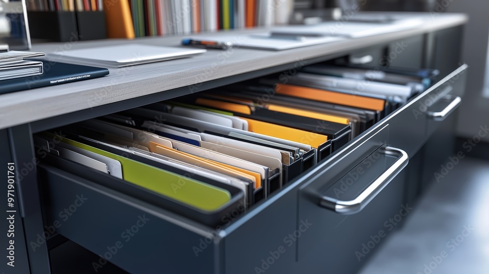 Orderly Office: Neatly Arranged Files in Desk Drawer Showcasing Organization and Efficiency Orderly Office: Neatly Arranged Files in Desk Drawer Showcasing Organization and Efficiency
