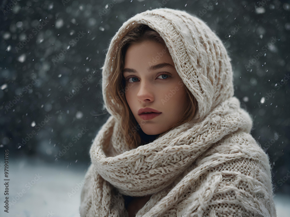 A model draped in a thick, knitted shawl, with snowflakes caught in the fabric, showcasing warmth amidst the winter chill.