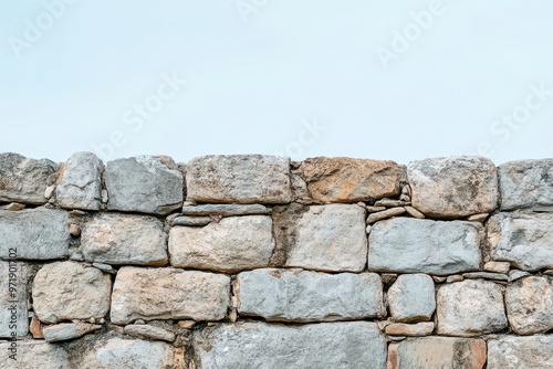 Close-up of a weathered stone wall against a blue sky photo