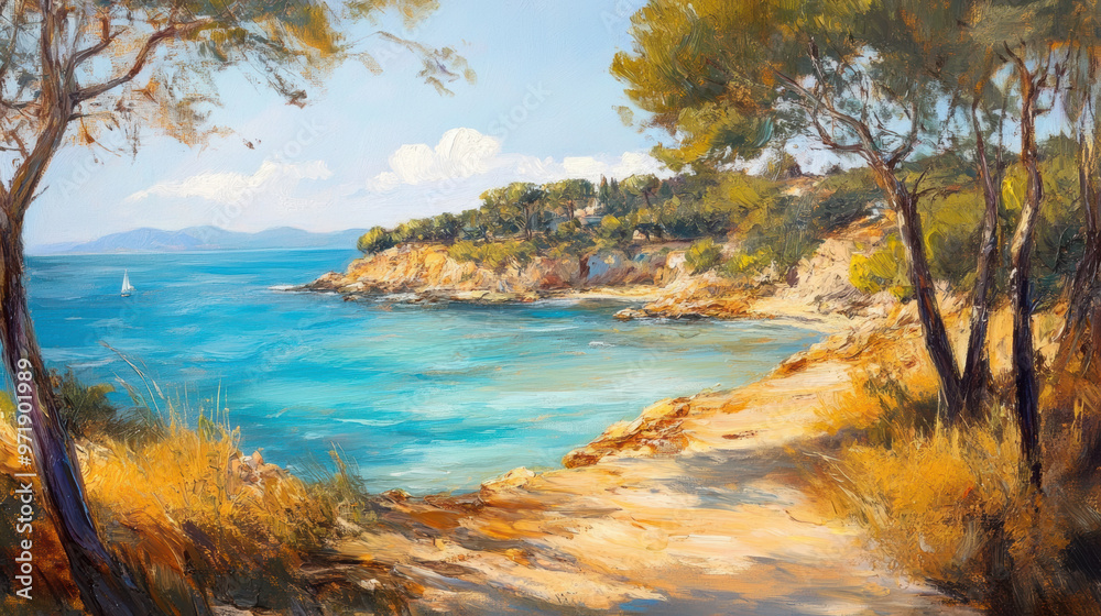 A serene coastal landscape featuring vibrant blue sea, golden sandy path, and lush greenery. scene evokes sense of tranquility and natural beauty, perfect for relaxation A serene coastal landscape featuring vibrant blue sea, golden sandy path, and lush greenery. scene evokes sense of tranquility and natural beauty, perfect for relaxation