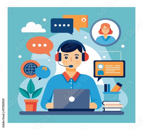 Online customer service, representative assisting via chat, flat design illustration,a receptionist with headphones with microphone in front of a Laptop in an office working with minimalist background