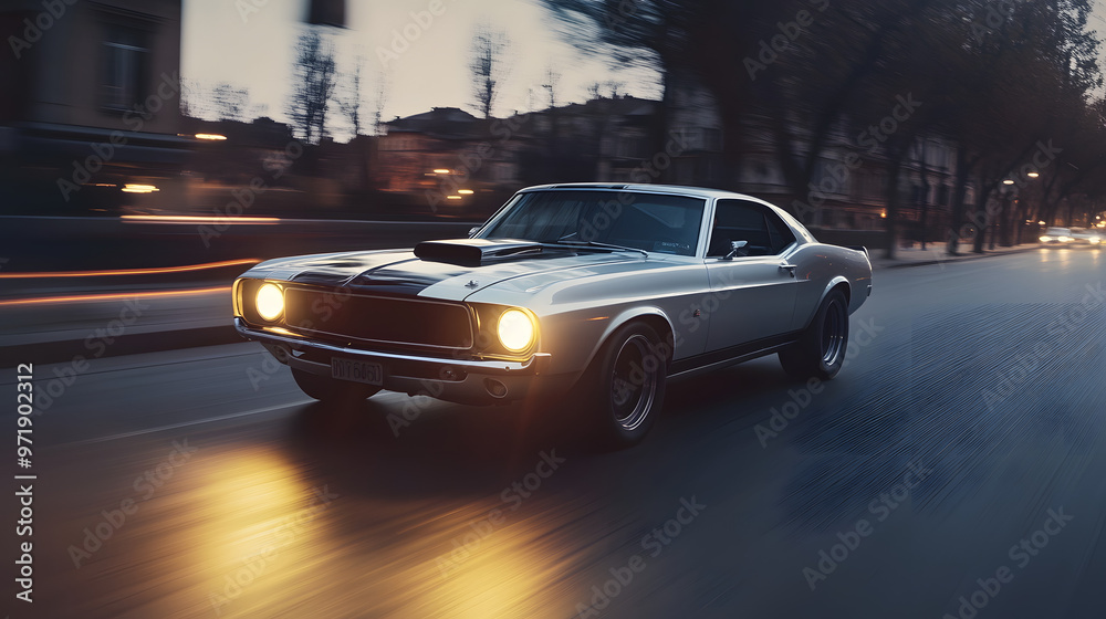 A restored 1960s American muscle car driving down a city street at dusk with the headlights illuminating the road. A restored 1960s American muscle car driving down a city street at dusk with the headlights illuminating the road.