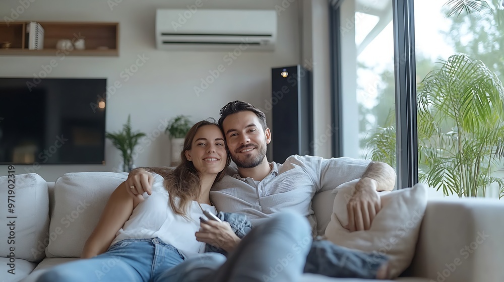 Happy young couple lounges on a sofa in a bright modern living room using a remote control to adjust the air conditioning for enhanced home comfort : Generative AI Happy young couple lounges on a sofa in a bright modern living room using a remote control to adjust the air conditioning for enhanced home comfort : Generative AI