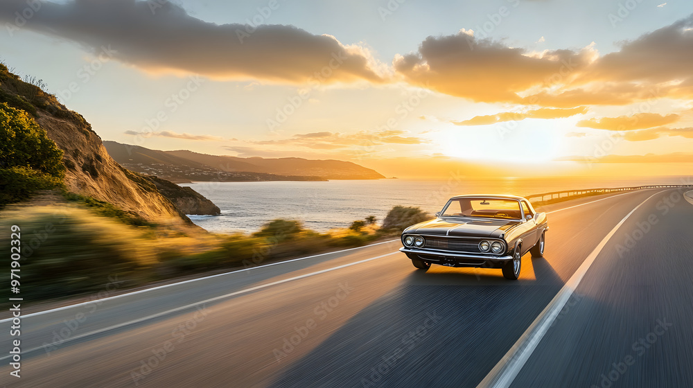 Fototapeta premium A restored 1960s muscle car cruising along a coastal highway at sunset with the golden light reflecting off its polished chrome details.
