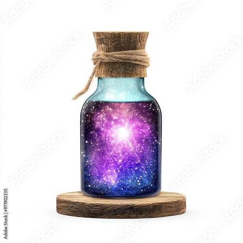 A witchs potion bottle with glowing liquid, fantasy object, pastel colors, isolated on white background