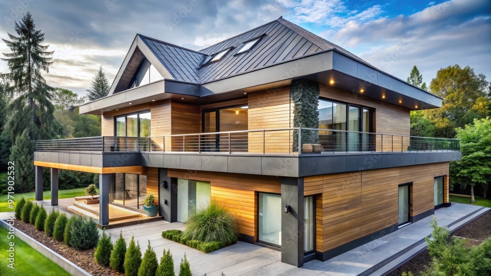 Modern residential house with sleek, angular rooftop featuring a mix of flat and sloping surfaces, clad in sleek gray metal and weathered wood accents. Modern residential house with sleek, angular rooftop featuring a mix of flat and sloping surfaces, clad in sleek gray metal and weathered wood accents.