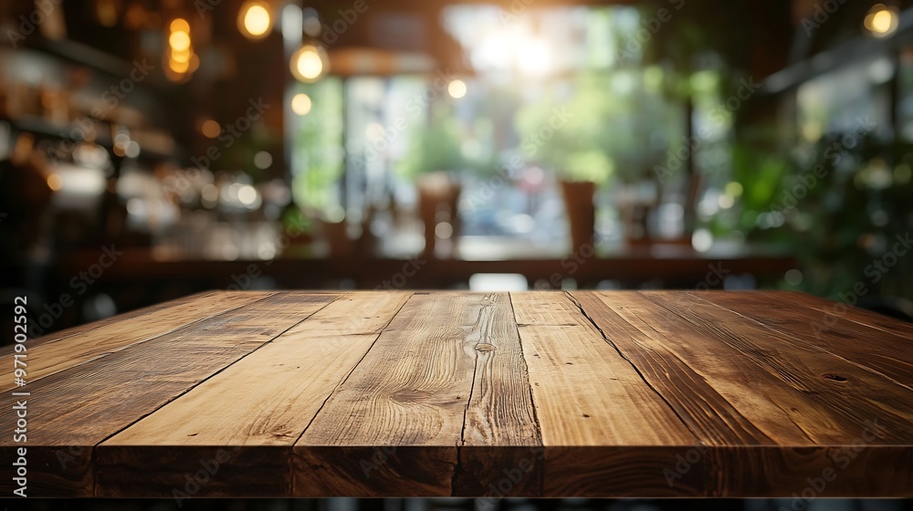 Empty wood table with blur interior coffee shop restaurant or cafe for background : Generative AI Empty wood table with blur interior coffee shop restaurant or cafe for background : Generative AI