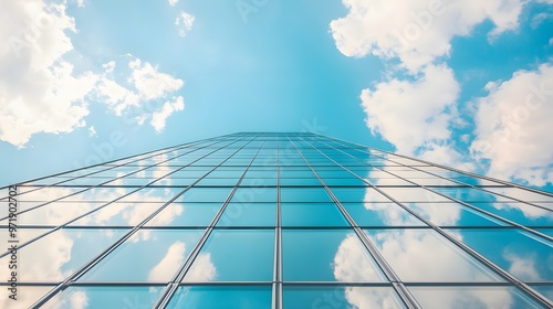 Glass Facade of a Skyscraper Reflecting Blue Sky and Clouds