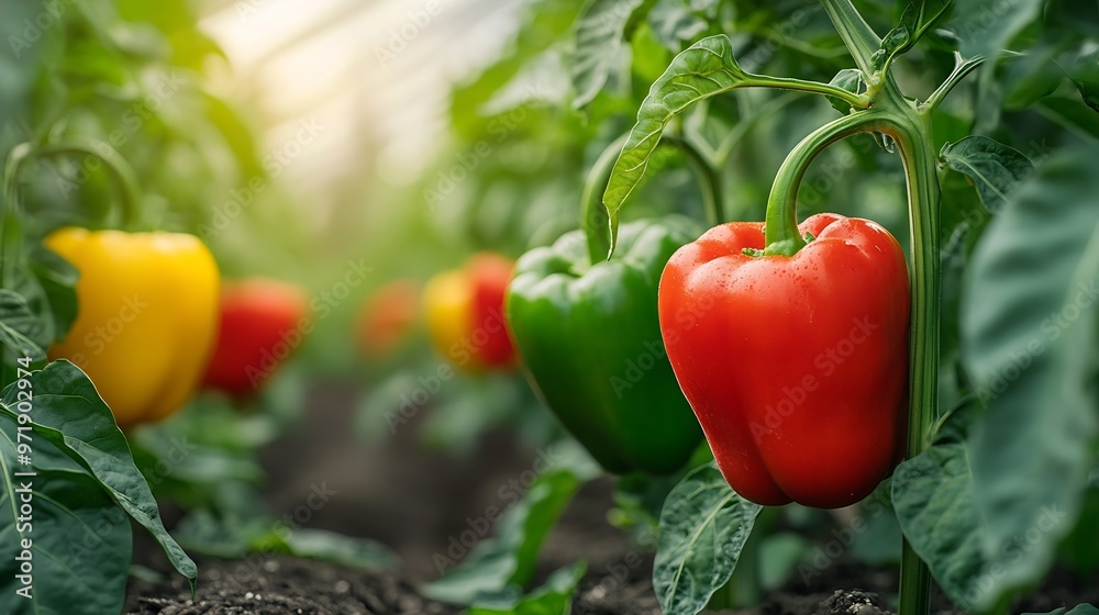 Big ripe sweet bell peppers vegetables paprika plants growing in glass greenhouse bio farming in the Netherlands : Generative AI Big ripe sweet bell peppers vegetables paprika plants growing in glass greenhouse bio farming in the Netherlands : Generative AI