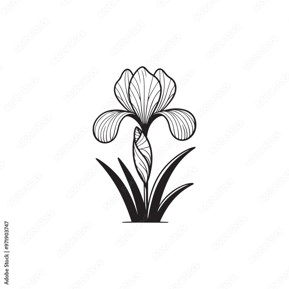 Botanical Iris Flower Drawing - Vector Line Art on White. Botanical Iris Flower Drawing - Vector Line Art on White.