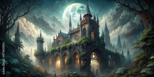 Mysterious, ornate illustration of a mist-shrouded, crumbling cathedral, surrounded by twisted vines, gargoyles, and crescent moon, evoking a sense of dark, mystical enchantment. photo