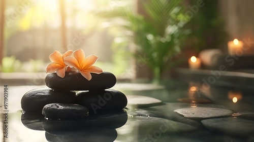 Hot stone massage at spa salon in luxury resort with day light serenity ambient blissful couple customer enjoying spa basalt stone massage glide over body with soothing warmth Quiescen : Generative AI photo