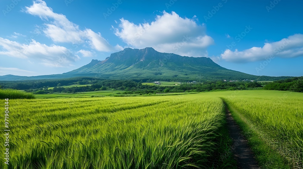 Fototapeta premium The green barley fields and farm road of Gapado And Mt Halla and Mt Sanbang in Jeju island South Korea : Generative AI
