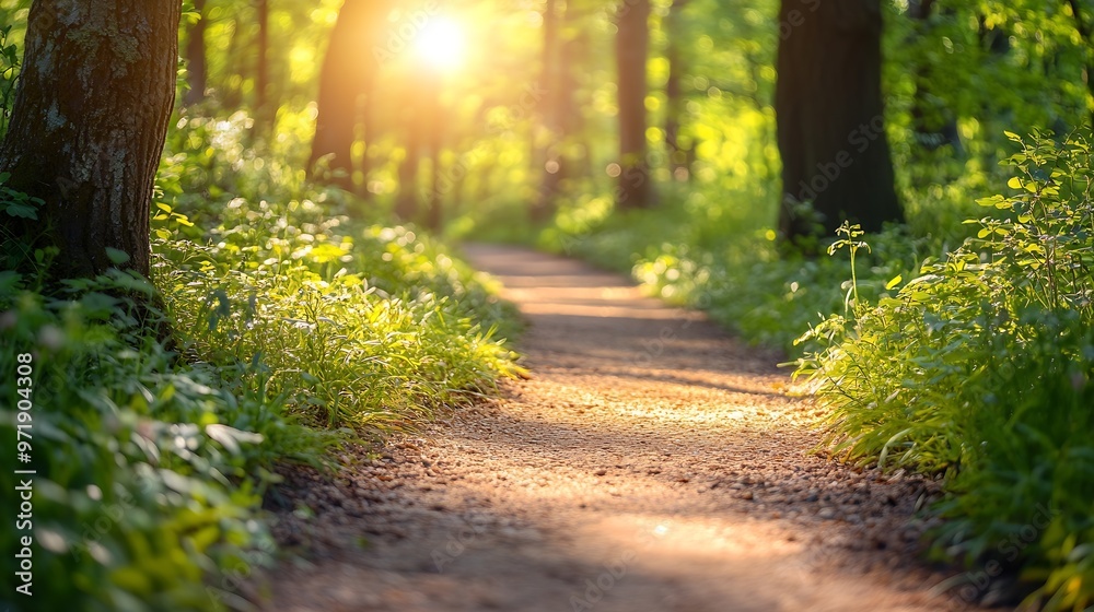Obraz premium GREEN SPRING NATURE FOREST LANDSCAPE WITH EMPTY PATH WAY IN SUN LIGHT BEAUTY OF NATURE : Generative AI