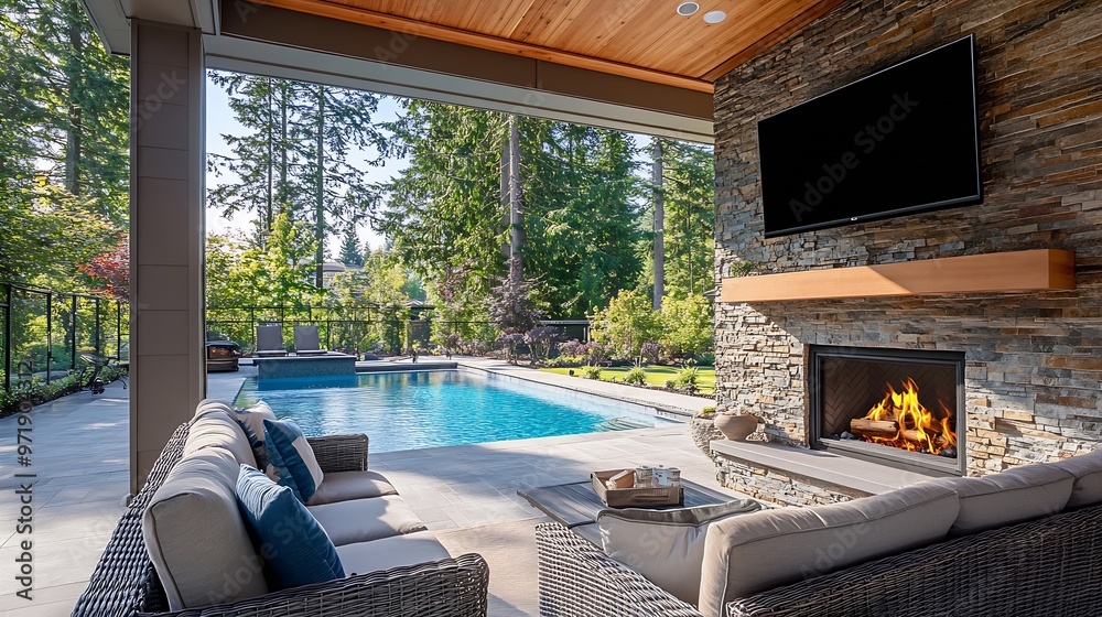 Fototapeta premium Covered Patio and Backyard Entertainment Area with Furniture Outdoor Fireplace TV and Pool : Generative AI