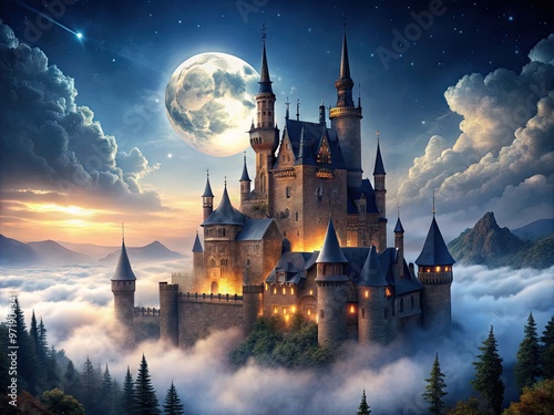 Mystical ancient castle with towers, turrets, and Gothic architecture set against a misty, moonlit sky, evoking a sense of magic and wonder.