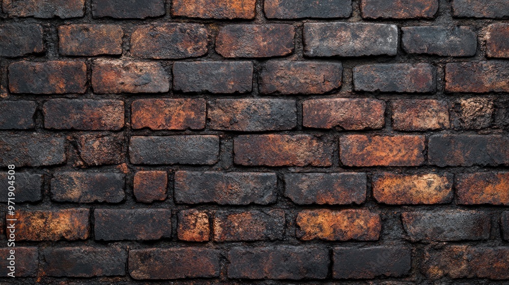 Weathered Brick Wall with Dark Patina and Rust Stains Weathered Brick Wall with Dark Patina and Rust Stains