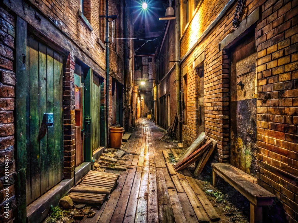 Narrow, dimly lit wooden alleyway with worn planks, old brick walls, and scattered debris, evoking a sense of rustic, forgotten, and secluded urban atmosphere. Narrow, dimly lit wooden alleyway with worn planks, old brick walls, and scattered debris, evoking a sense of rustic, forgotten, and secluded urban atmosphere.