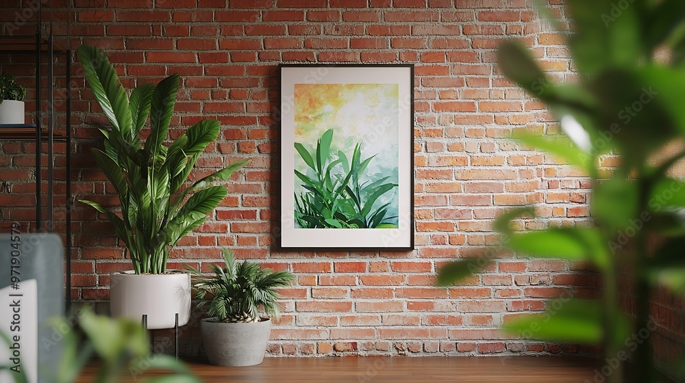 Plants under painting on white wall in simple living room with pictures on red brick wall : Generative AI Plants under painting on white wall in simple living room with pictures on red brick wall : Generative AI