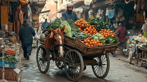 Marrakech locals people navigate citys labyrinthine streets in traditional horsedrawn cart transportation of vegetables Enduring Charm Marrakech Morocco : Generative AI