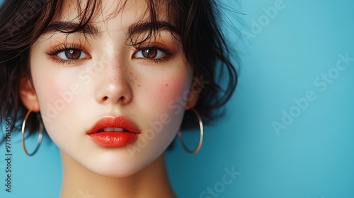 portrait of young asian woman with natural makeup lip gloss hoop earrings and short dyed hair looking at camera on blue background youth generation z fashion casual attire : Generative AI