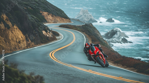 A sport motorcycle leaning into a sharp corner on a winding coastal road with waves crashing below. photo