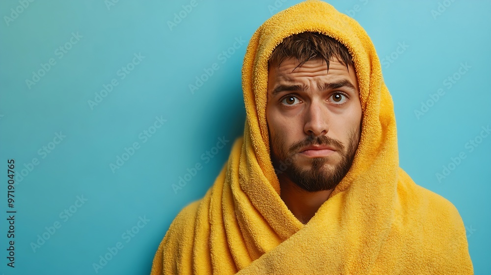 Young dissatisfied displeased frozen sick ill sad man wrapped in yellow towel look camera relax near hotel pool isolated on plain light blue cyan background Summer vacation sea rest su : Generative AI Young dissatisfied displeased frozen sick ill sad man wrapped in yellow towel look camera relax near hotel pool isolated on plain light blue cyan background Summer vacation sea rest su : Generative AI