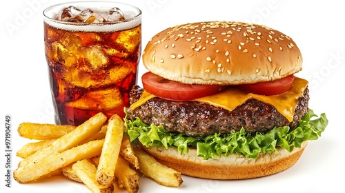 Delicious cheeseburger with cola and potato fries on the white background Fast food concept File contains clipping path : Generative AI photo