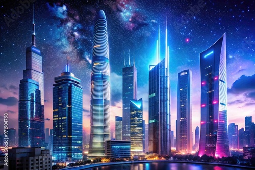 Neon-lit cityscape with towering skyscrapers, holographic advertisements, and sleek futuristic architecture, set against a dark and misty night sky with twinkling stars. photo