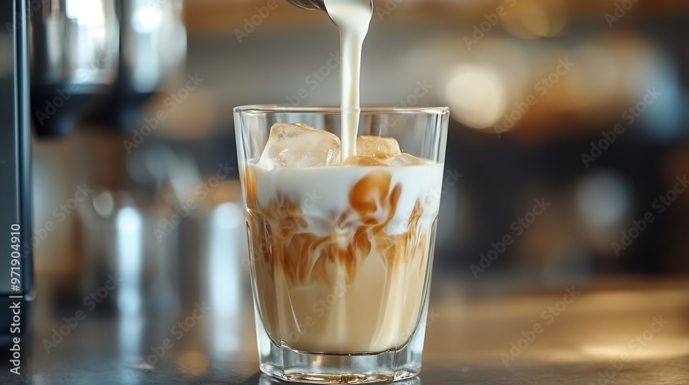 Pouring milk in glass with iced coffee : Generative AI