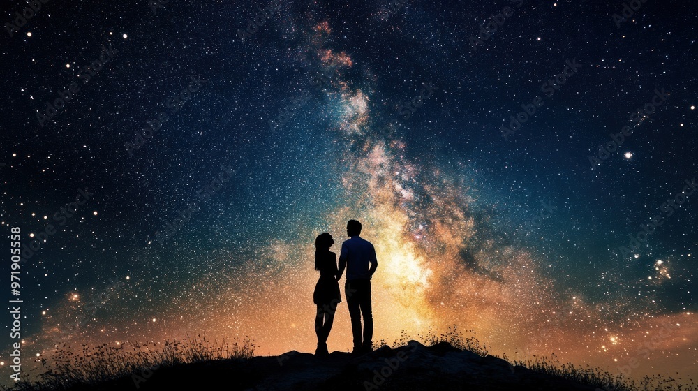 A couple standing on a hill under a starry sky A couple standing on a hill under a starry sky