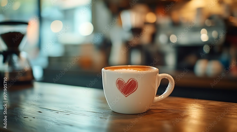 Espresso cup sitting on kitchen coffee bar with hand drawn heart on the cup window in the background : Generative AI Espresso cup sitting on kitchen coffee bar with hand drawn heart on the cup window in the background : Generative AI