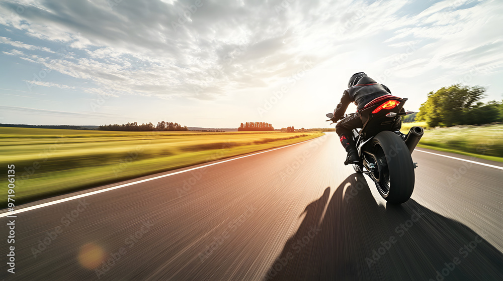 Fototapeta premium A sport motorcycle speeding along a rural highway leaving a trail of dust in its wake as it blurs past endless fields. AI generated