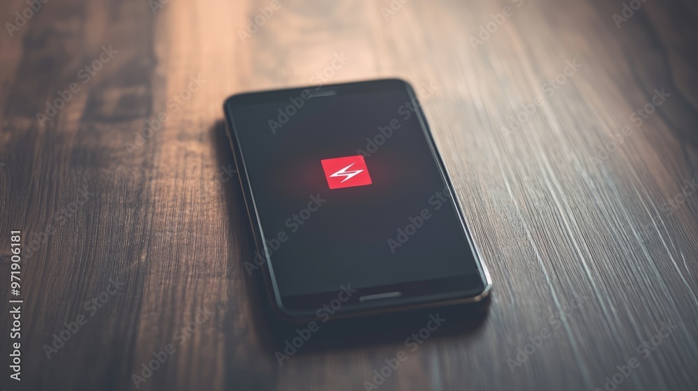 Close-up of a modern smartphone with a battery indicator showing full charge, placed on a wooden table. The background is softly blurred, focusing on the device's safety features Close-up of a modern smartphone with a battery indicator showing full charge, placed on a wooden table. The background is softly blurred, focusing on the device's safety features